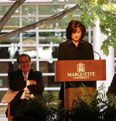 Judge Diane Sykes introduces Justice Antonin Scalia at the dedication of Eckstein Hall