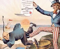 Nineteenth Century US political cartoon of Uncle Sam kicking out the Chinese, refering to the Chinese exclusion act.