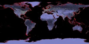 Map showing the continents of the the planet Earth with coastal areas marked in red highlighting the effect of a 6 meter rise in sea level. 