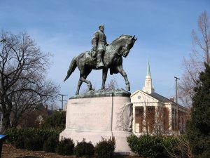Statue of Confederate Army General Robert E. Lee sitting astride a horse.