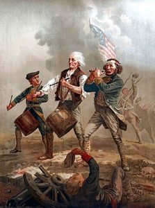 Painting depicting a Revolutionary War scene of a young drummer boy, an older man, and another soldier playing the fife as all three march across a battle fleld. 