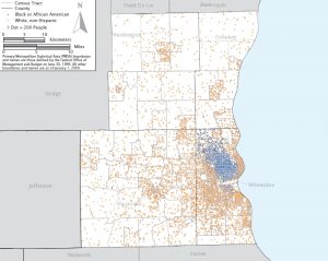 A map of the city of Milwaukee and surrounding counties illustrating the racial segregation of residents per the 200 census.