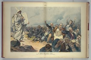 Political cartoon from Puck Magazine in 1908 showing Moses holding the Ten Commandments and various business and Wall Street figures reacting with alarm.