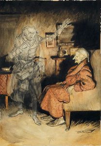 Drawing of an elderly man in sleeping attire sitting in a Victorian style armchair and gazing at the ghost of an elderly man not unlike himself.