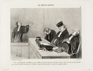 Pen and ink caricature showing a lawyer arguing very strenuously while three judges are sitting at the bench, napping.