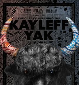Image of the head of a yak, with multi-colored horns, advertising the Jessup Moot Court Competition.