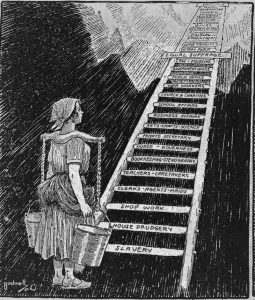 A woman carrying buckets looks up at a ladder leading to the sky; the ladders' rungs are labeled with the various opportunities that have been historically available to women, beginning with "Slavery" at the bottom and "Presidency" at the top.