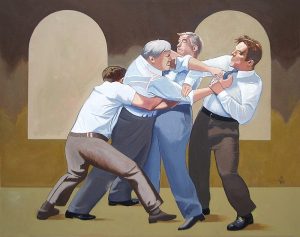 Painting depicting four men dressed in suits grabbing and fighting each other.