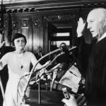 Shirley Abrahamson with raised right hand, taking oath in 1976. 