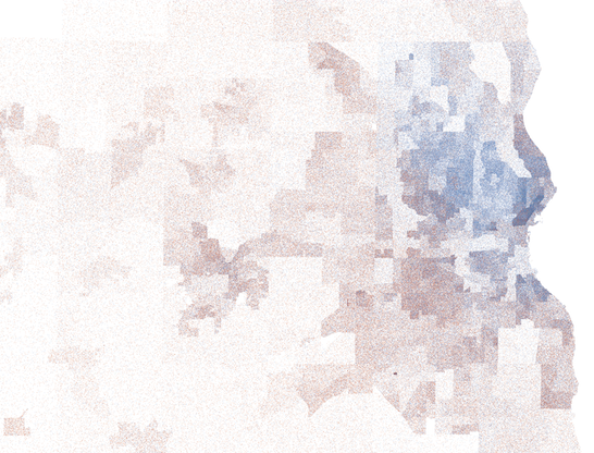 dot map of 2020 presidential election in Milwaukee and Waukesha counties