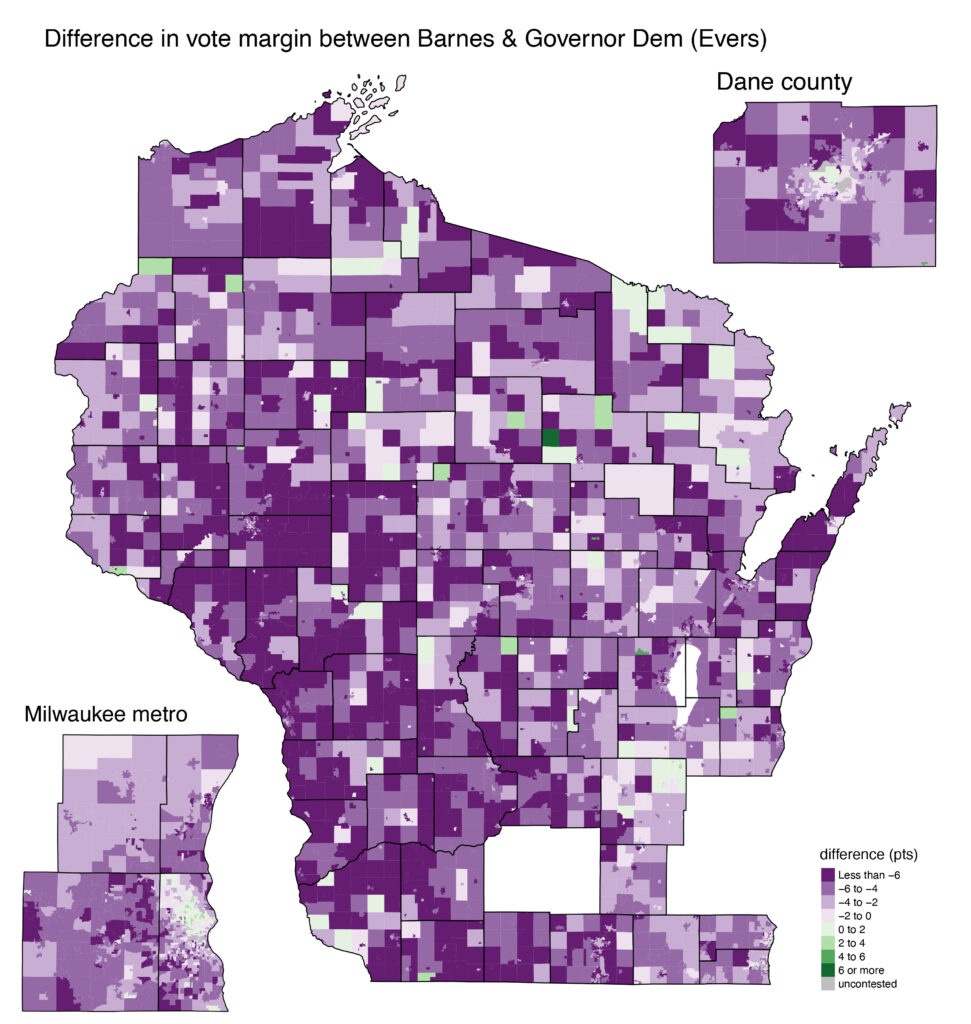 map of the difference between Barnes' and Evers' vote margin