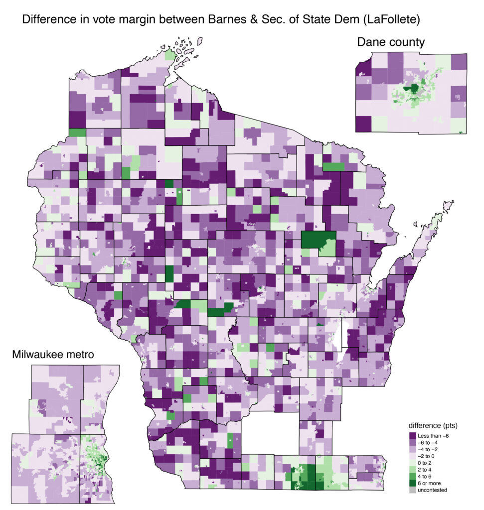 map of the difference between Barnes' and LaFollete's vote margin