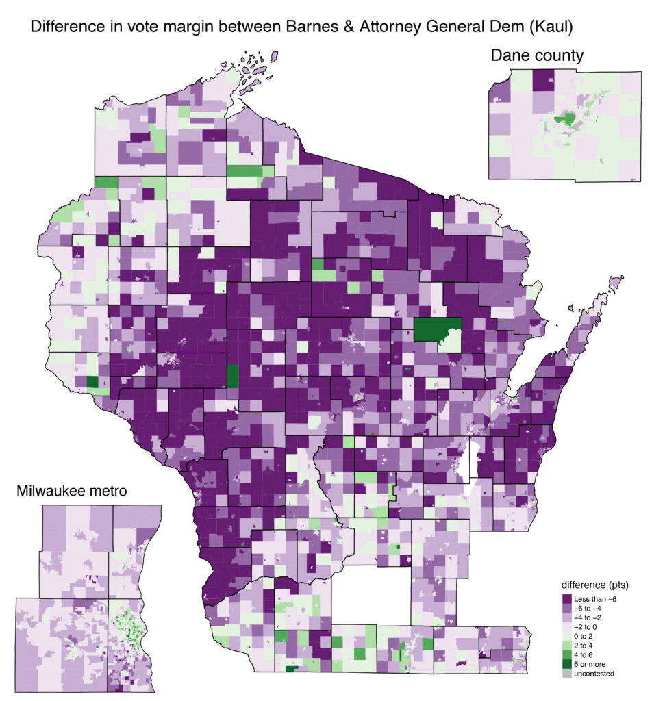 map of the difference between Barnes' and Kaul's vote margin