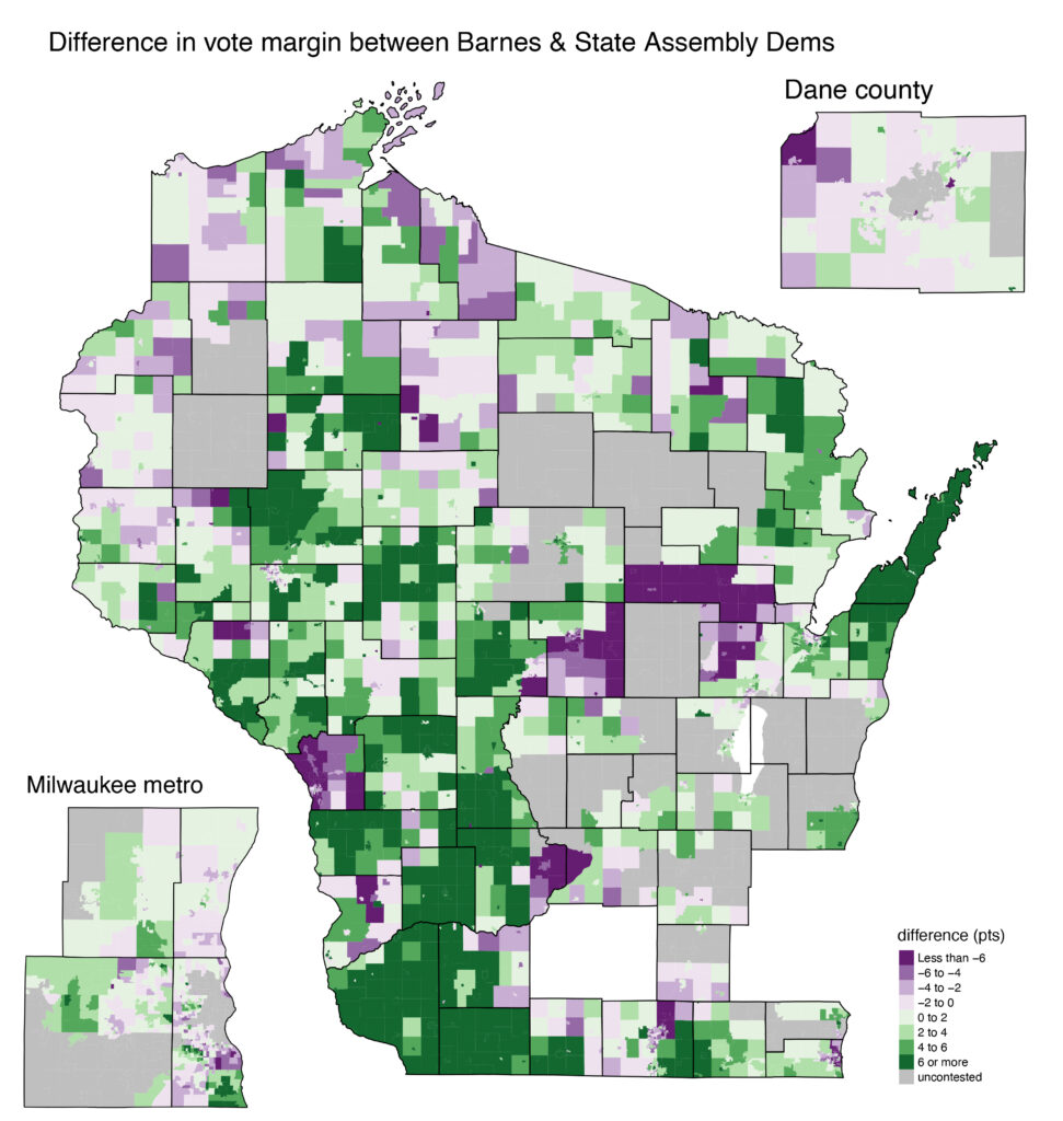 map of the difference between Barnes' and State Assembly Democrat's vote margin