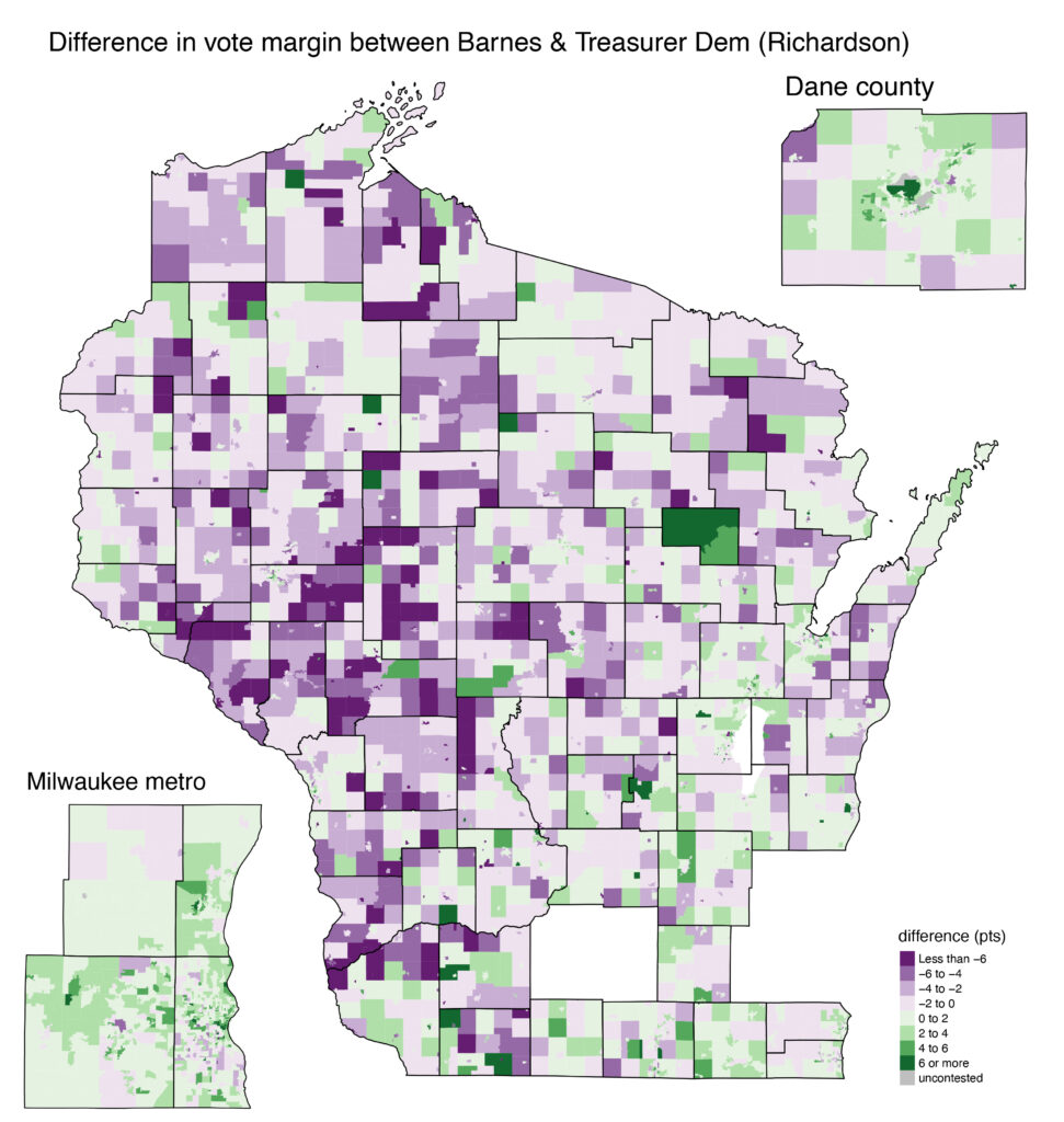 map of the difference between Barnes' and Richardson's vote margin