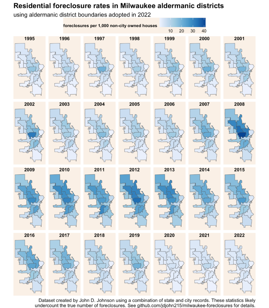 small multiple maps showing the annual rate of foreclosures in Milwaukee aldermanic districts