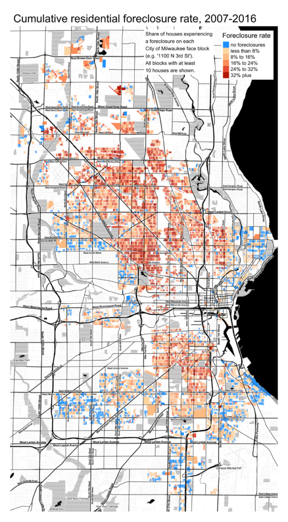 detailed map showing block level cumulative foreclosure rates from 2007-2016