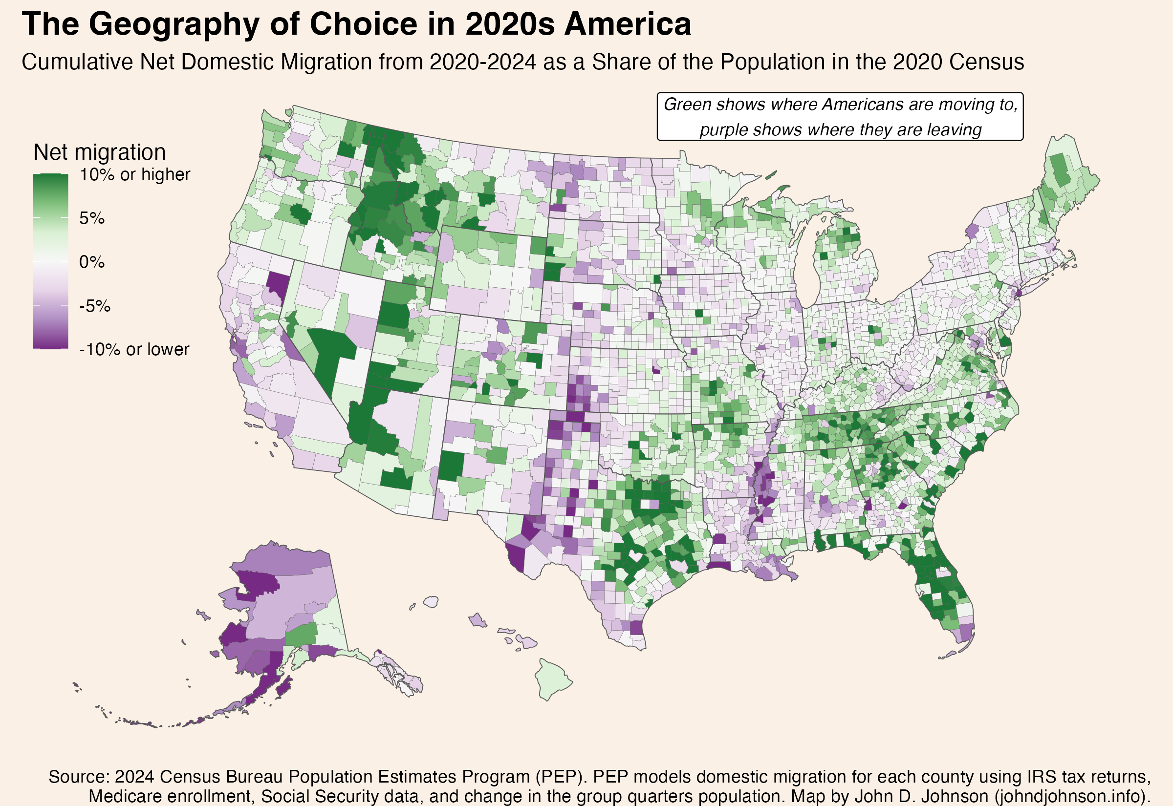 map showing US counties shaded corresponding to their net domestic migration from 2020 to 2024