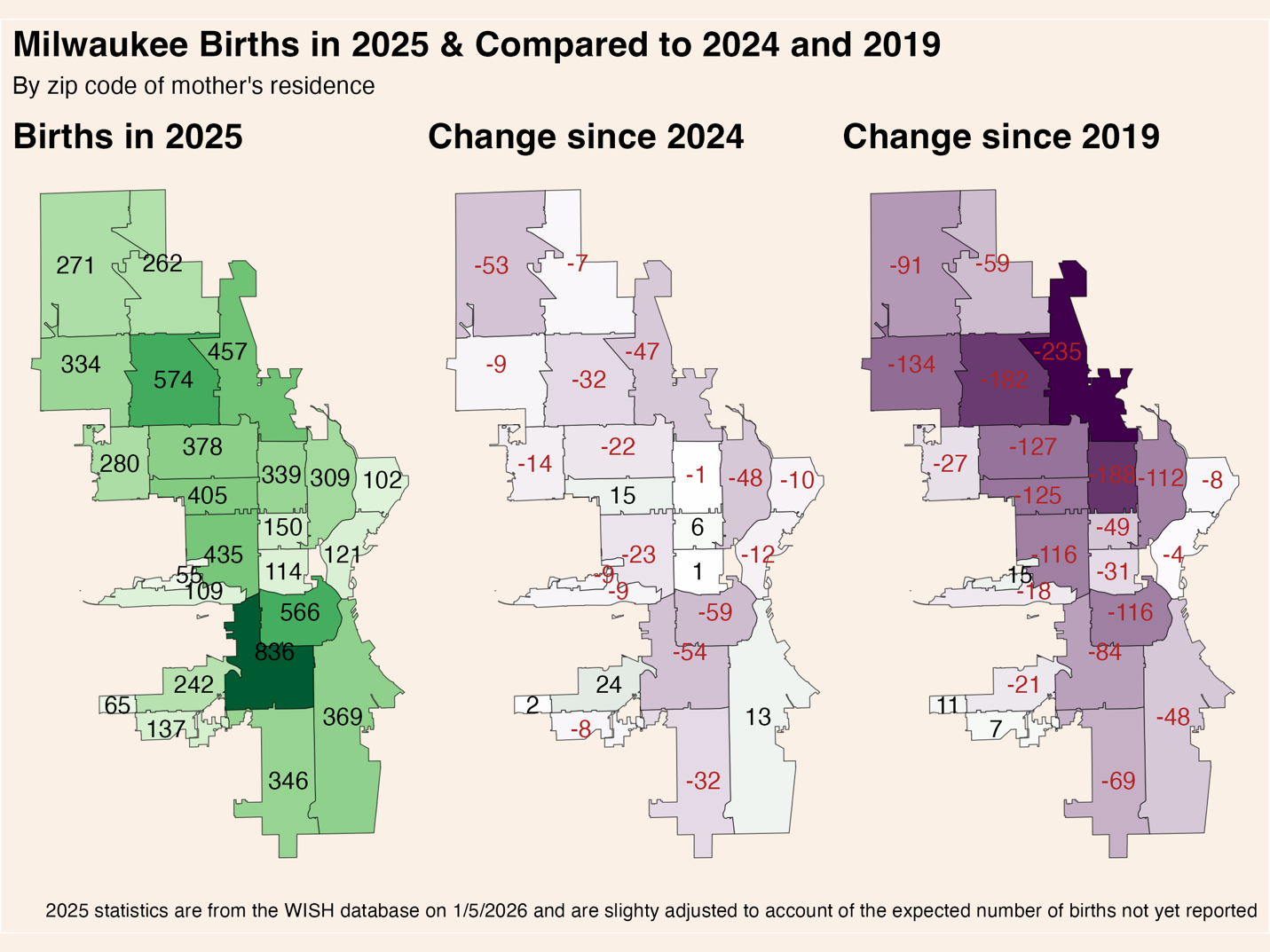 maps showing the number of babies born in each zip code and comparing this with 2024 and 2019.