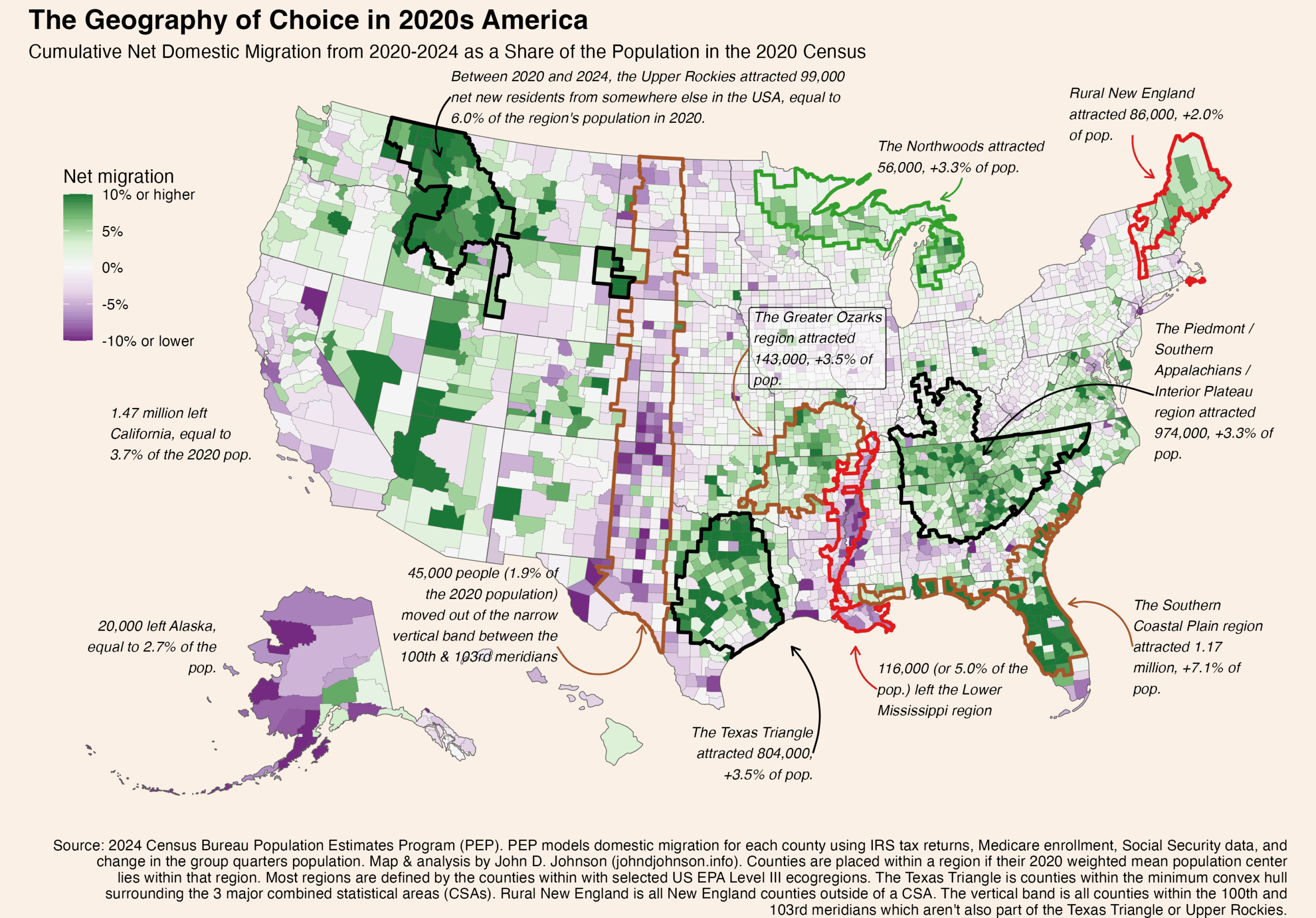 map, with regions outlined and annotated, showing US counties shaded corresponding to their net domestic migration from 2020 to 2024