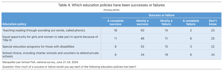 Table showing views on how successful various school policies have been