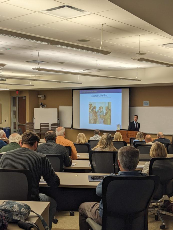 A photo from last year's event where Professor Bruce Boyden is explaining the Socratic Method to FFPP participants. 